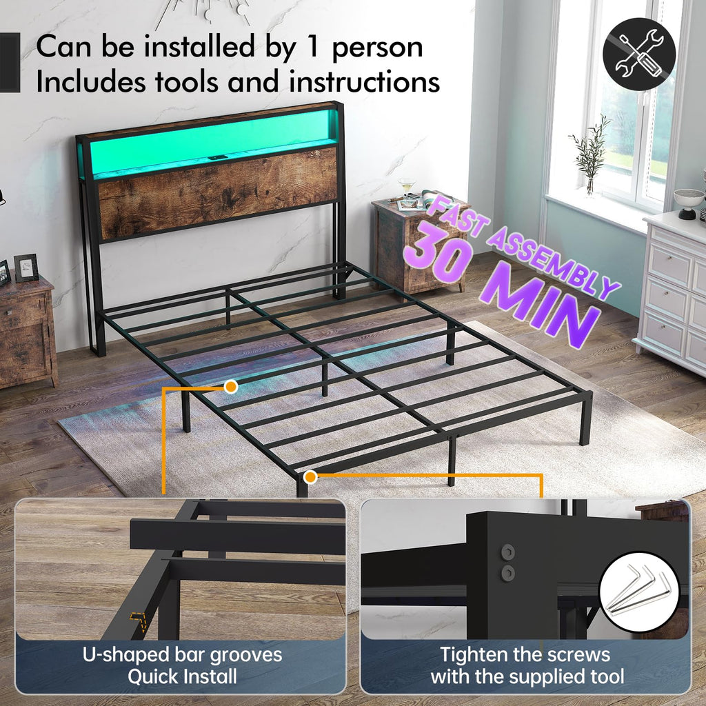 Full Size Lift Up Storage Bed Frame with Charging Station