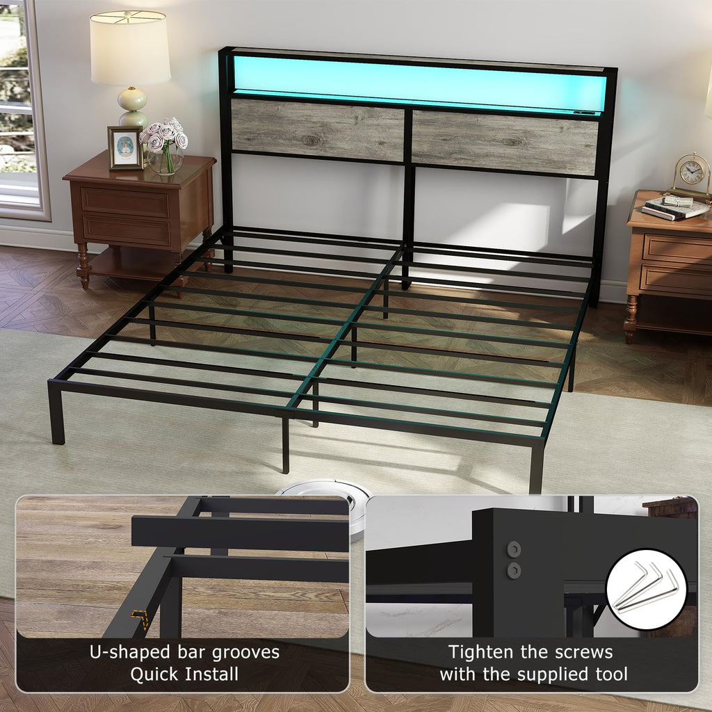 Metal Platform Bed Frame with LED Lights & Charging Station, Under Bed Storage, No Box Spring Needed, Noise Free, Dark Grey