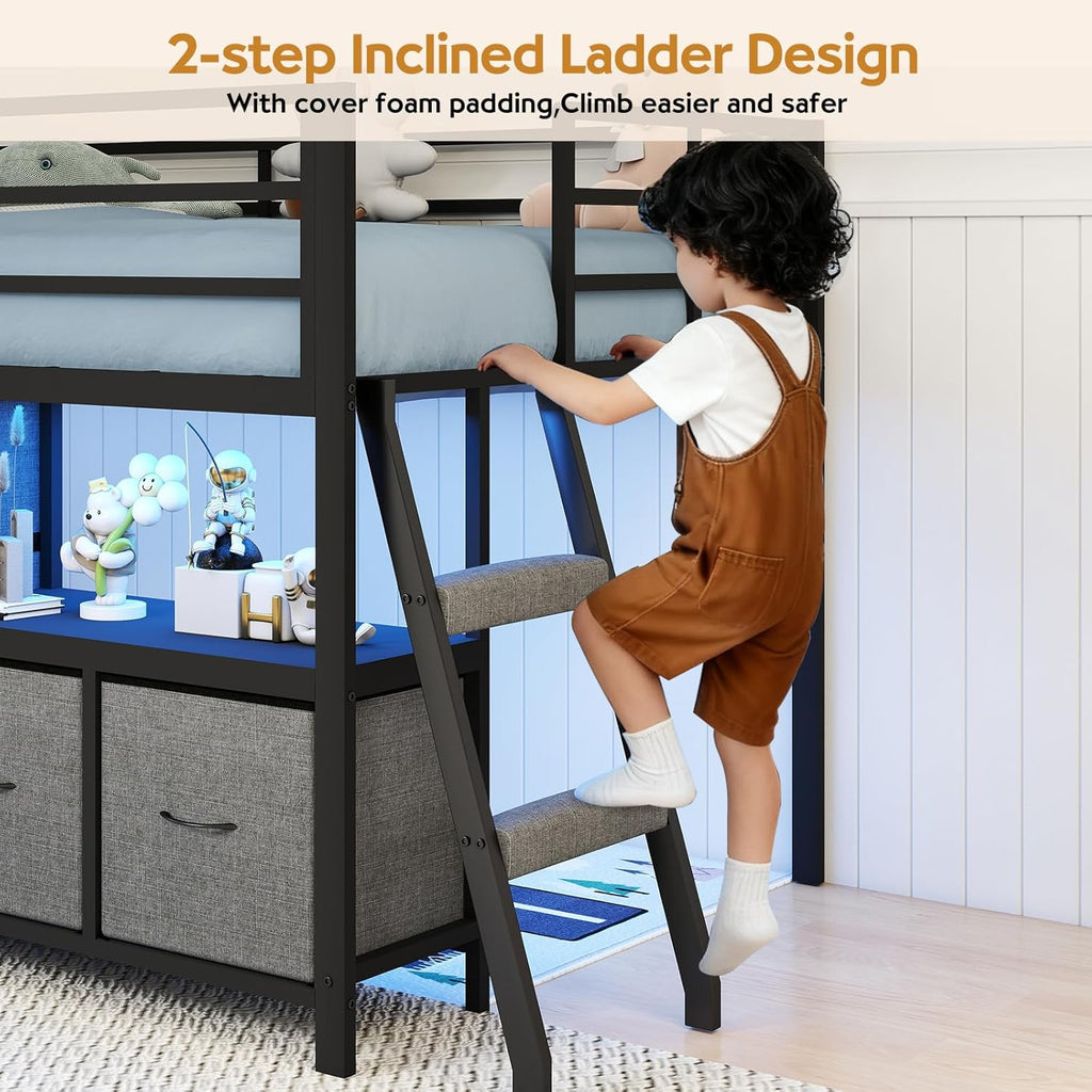 Low Loft Bed with 7 Storage Drawers and Bookcase