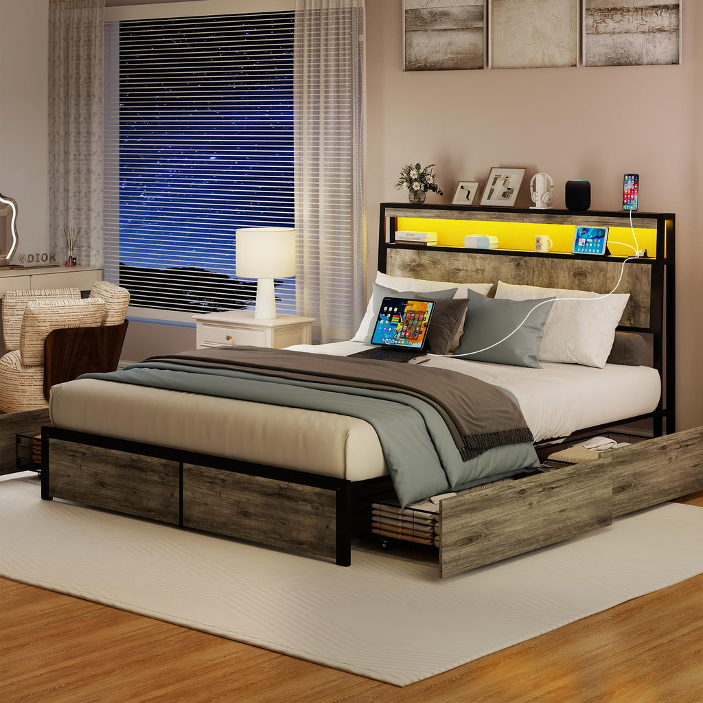 Metal Platform King Bed Frame Wood with 4 Drawers, LED Light, Charging Station, No Box Spring Needed, Noise Free, Easy Assembly, Grey