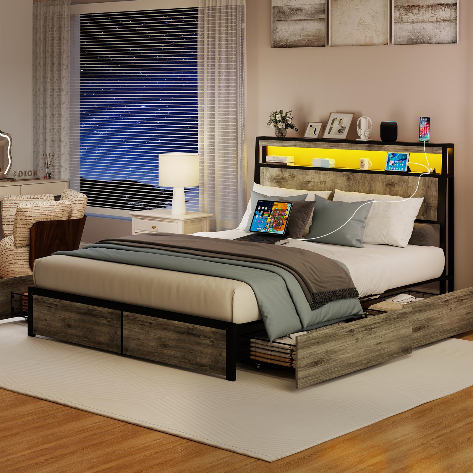 Metal Platform King Bed Frame Wood with 4 Drawers, LED Light, Charging Station, No Box Spring Needed, Noise Free, Easy Assembly, Grey