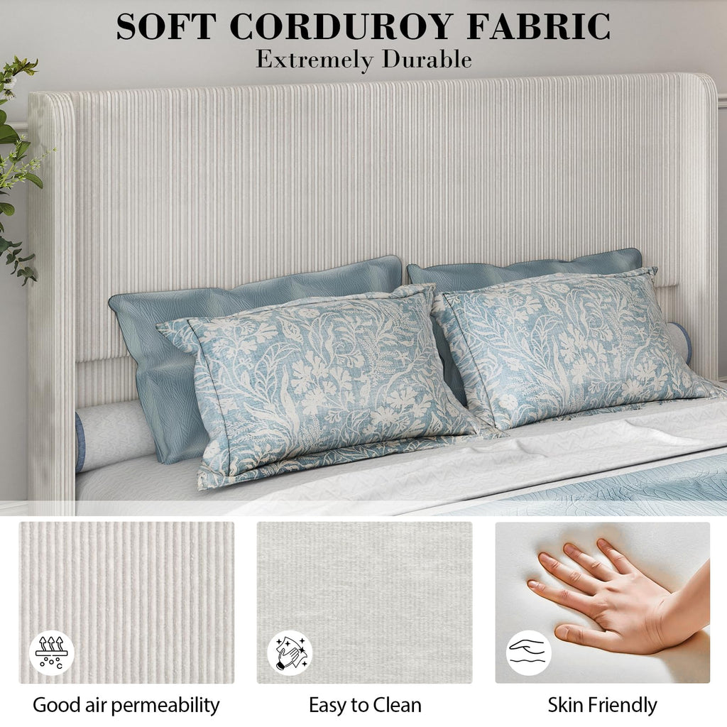 Queen Size Upholstered Platform Bed Frame, Soft Corduroy Bed Frame Queen with 47" Headboard, Solid Steel Slats, No Box Spring Needed, Noise Free, Easy Assembly, Cream