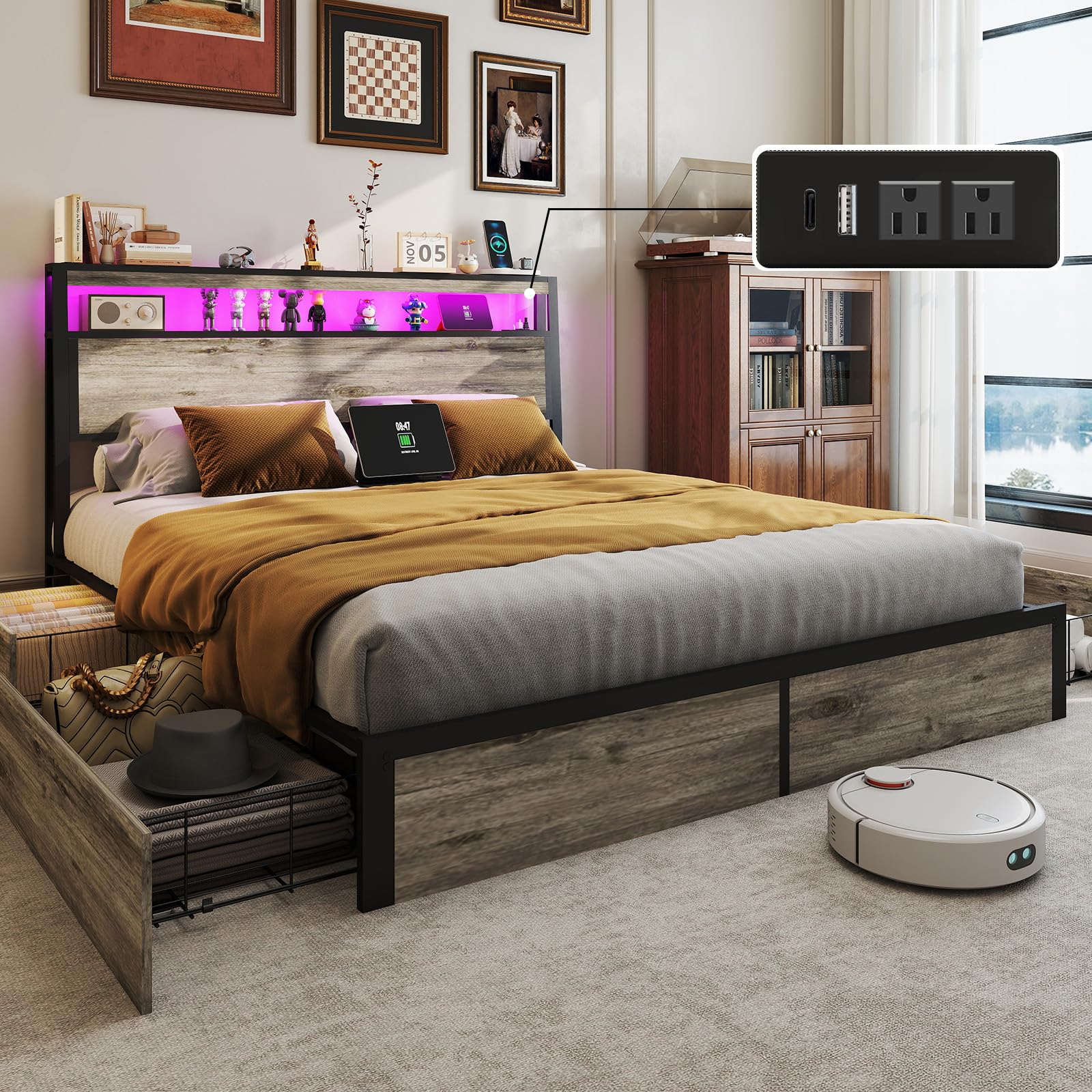 Full Size Lift Up Storage Bed Frame with Charging Station