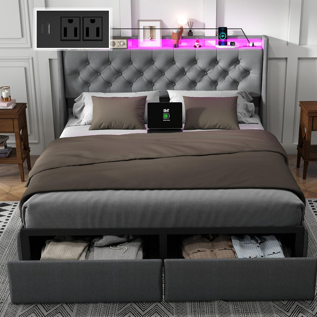 Queen Bed Frame with Headboard and 2 Storage Drawers