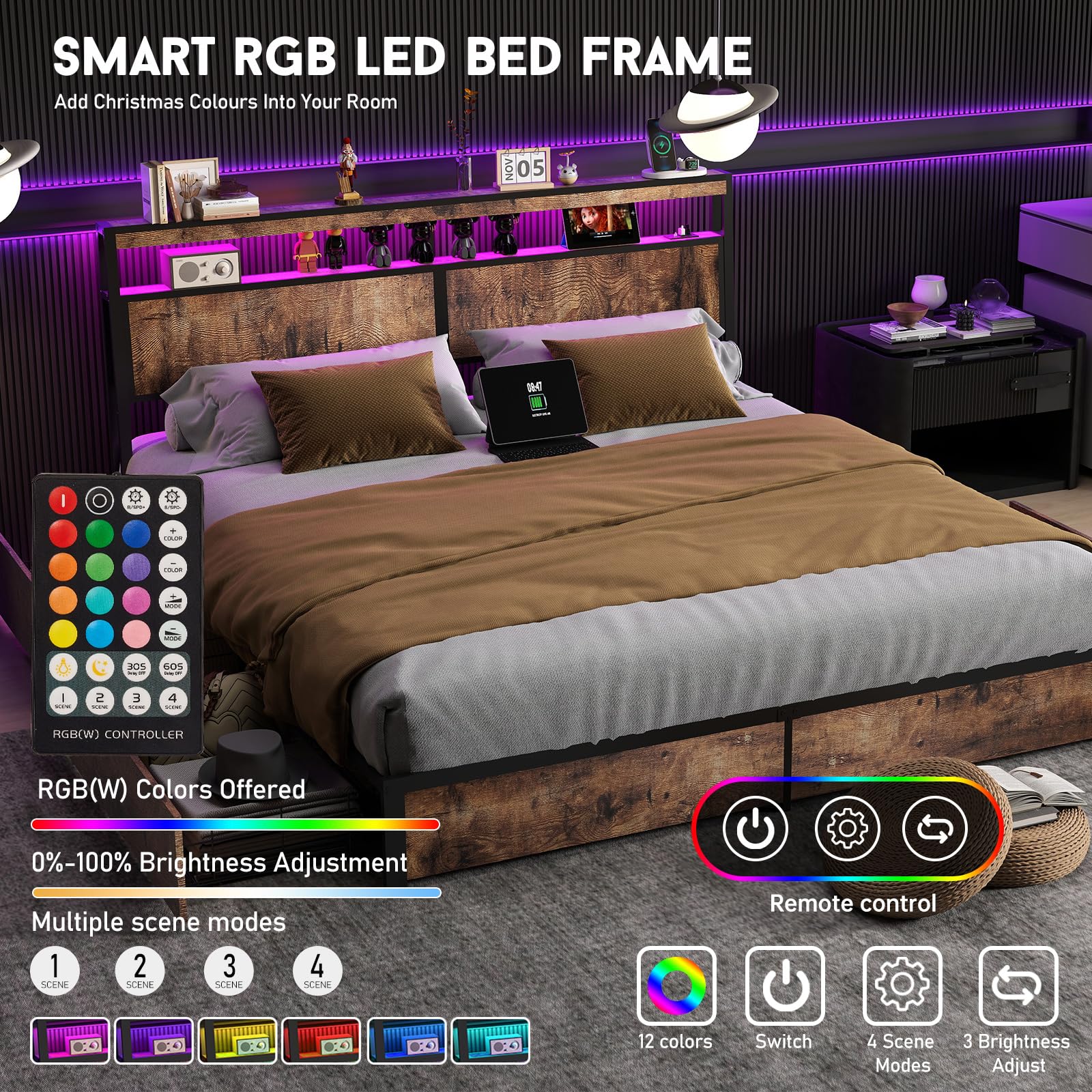Full Size Lift Up Storage Bed Frame with Charging Station