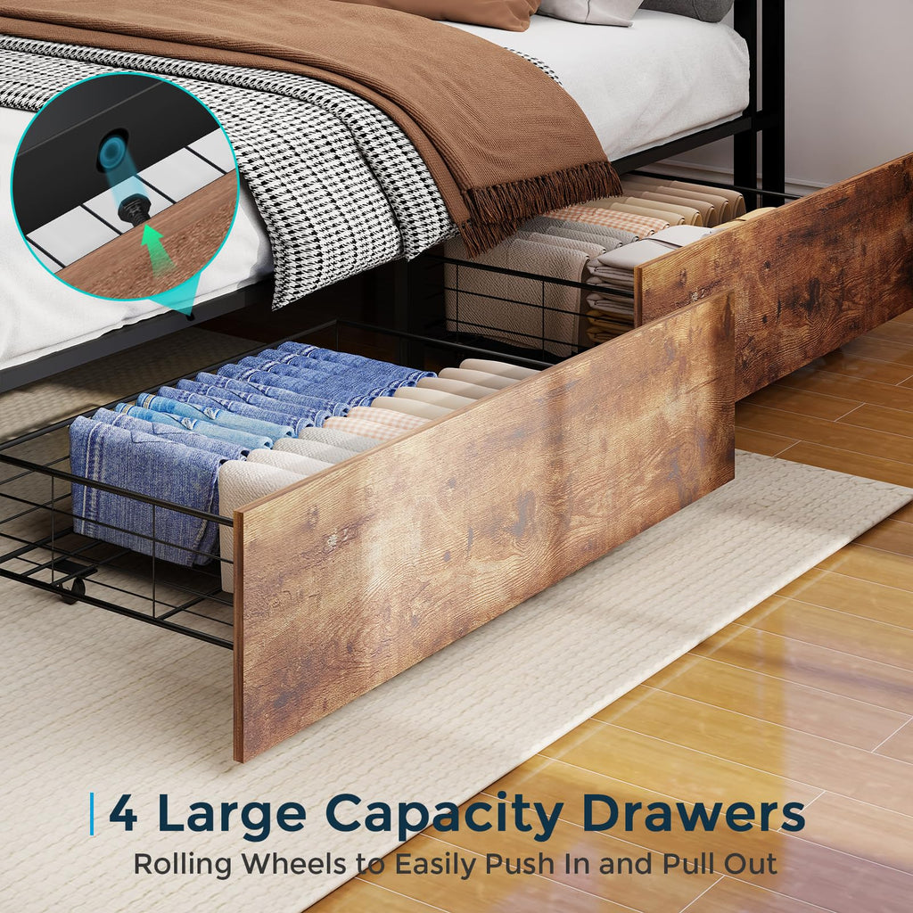 Metal Platform King Bed Frame Wood with 4 Drawers, LED Light, Charging Station, No Box Spring Needed, Noise Free, Easy Assembly, Grey