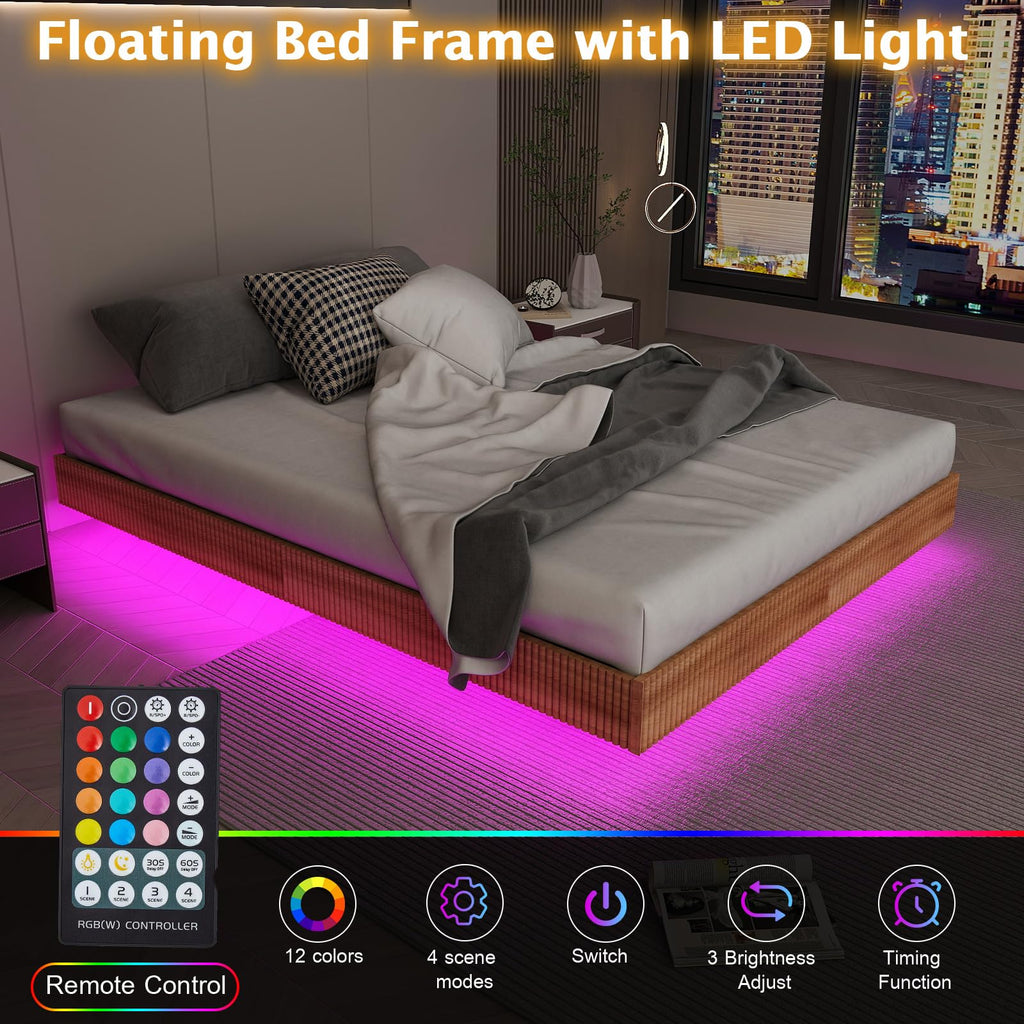 Floating Bed Frame Queen with LED Lights,No Box Spring Needed, Noise Free