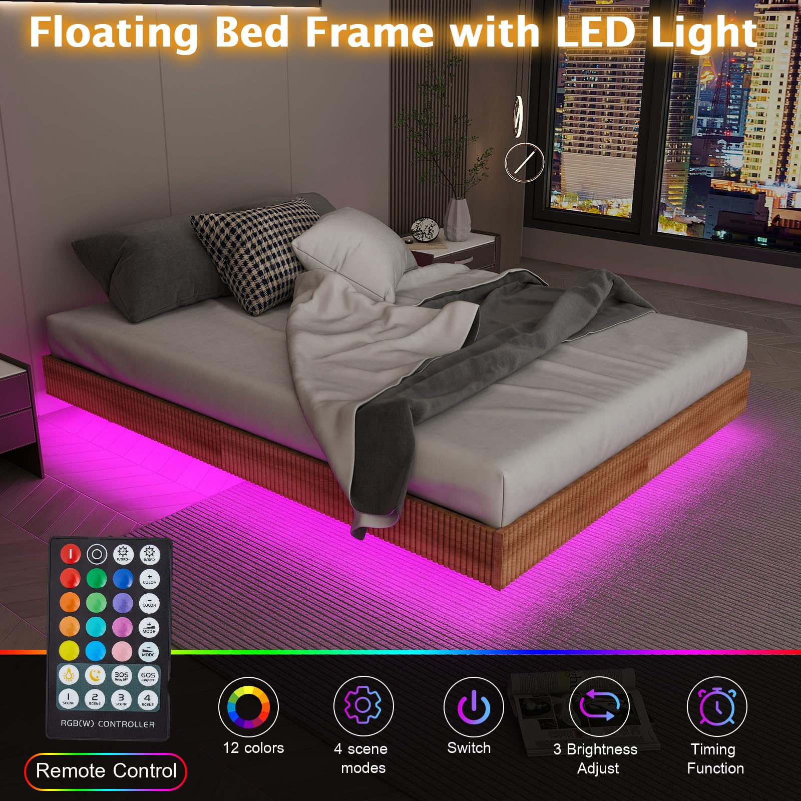 Floating Bed Frame Queen with LED Lights,No Box Spring Needed, Noise Free
