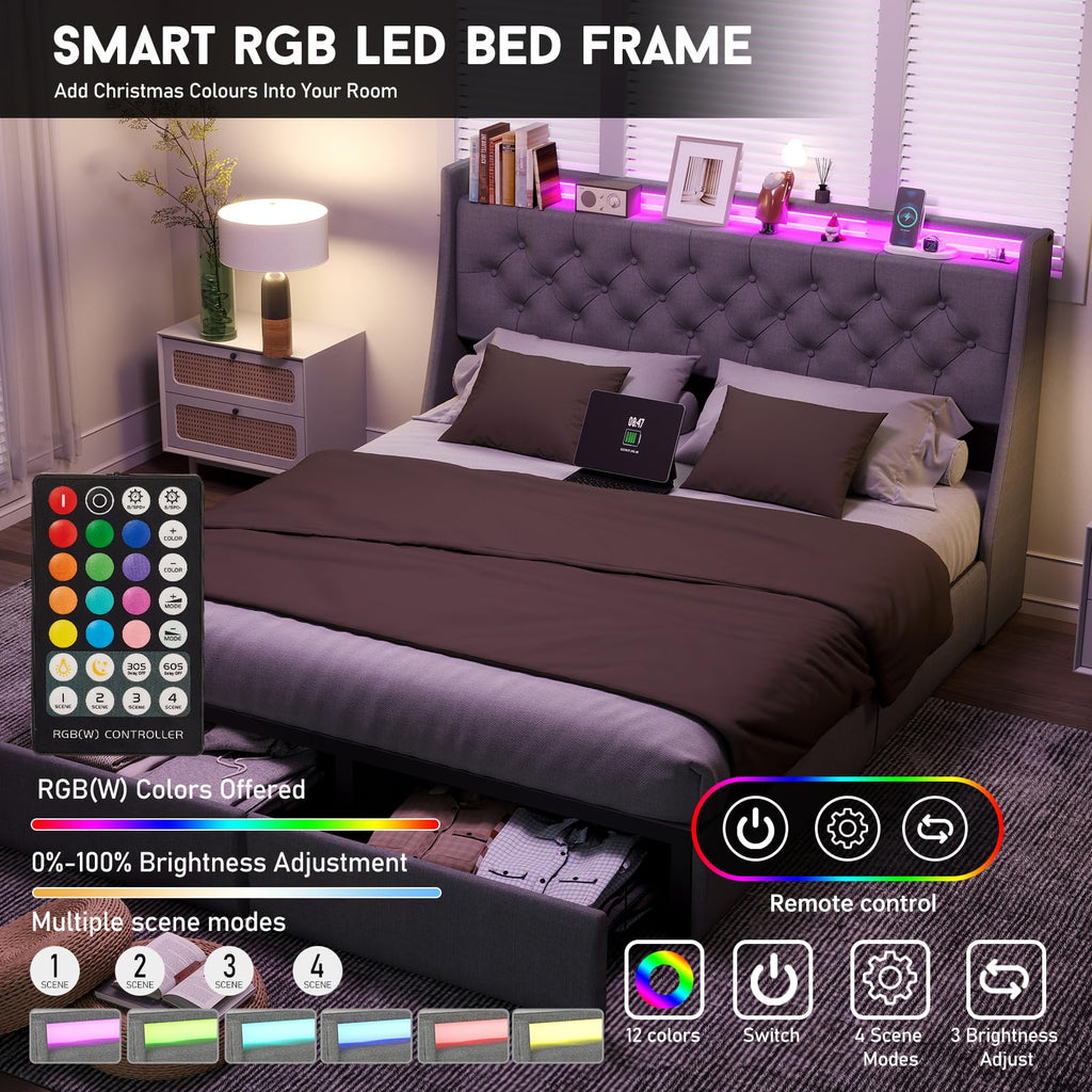 Queen Bed Frame with Headboard and 2 Storage Drawers