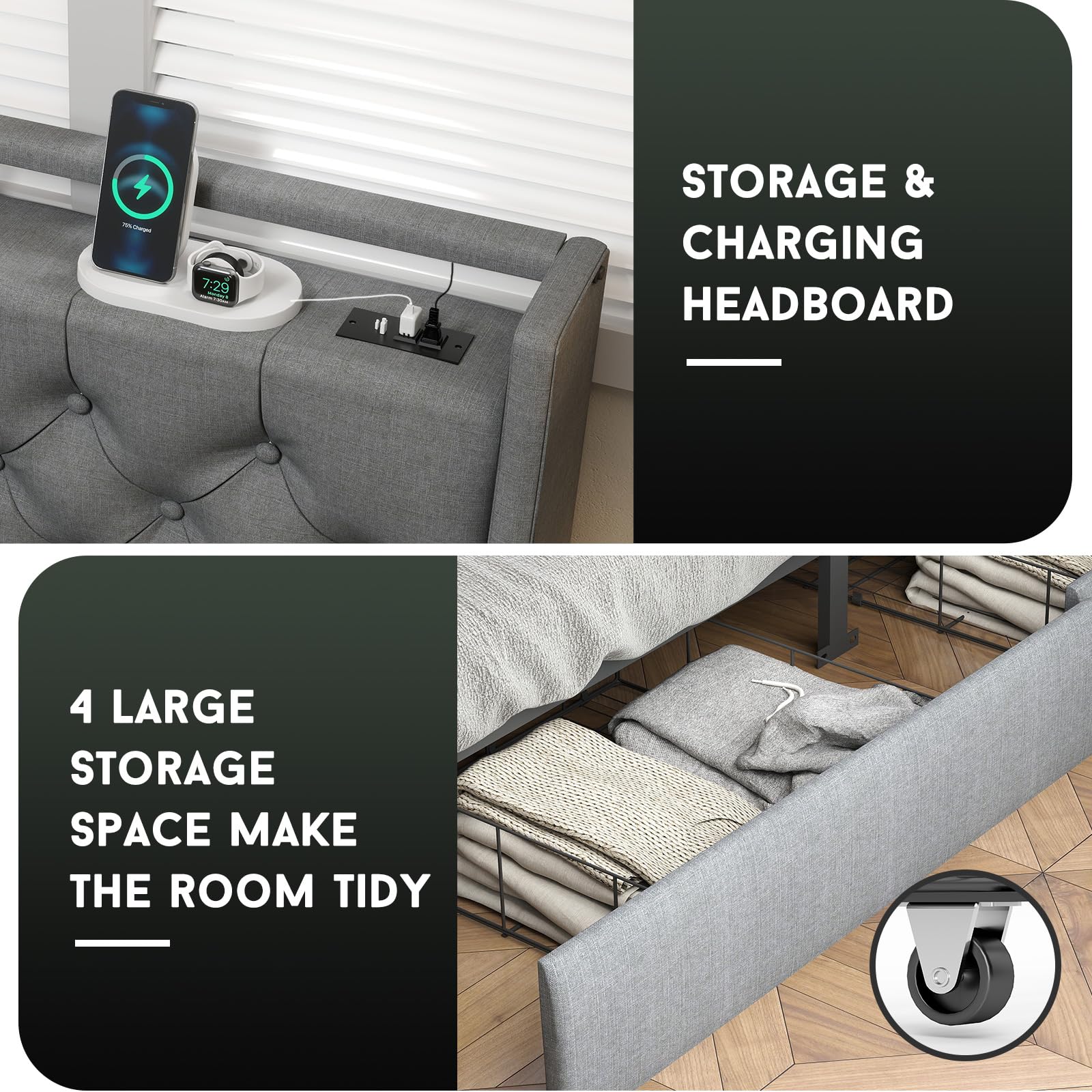 Queen Bed Frame with Headboard and 2 Storage Drawers