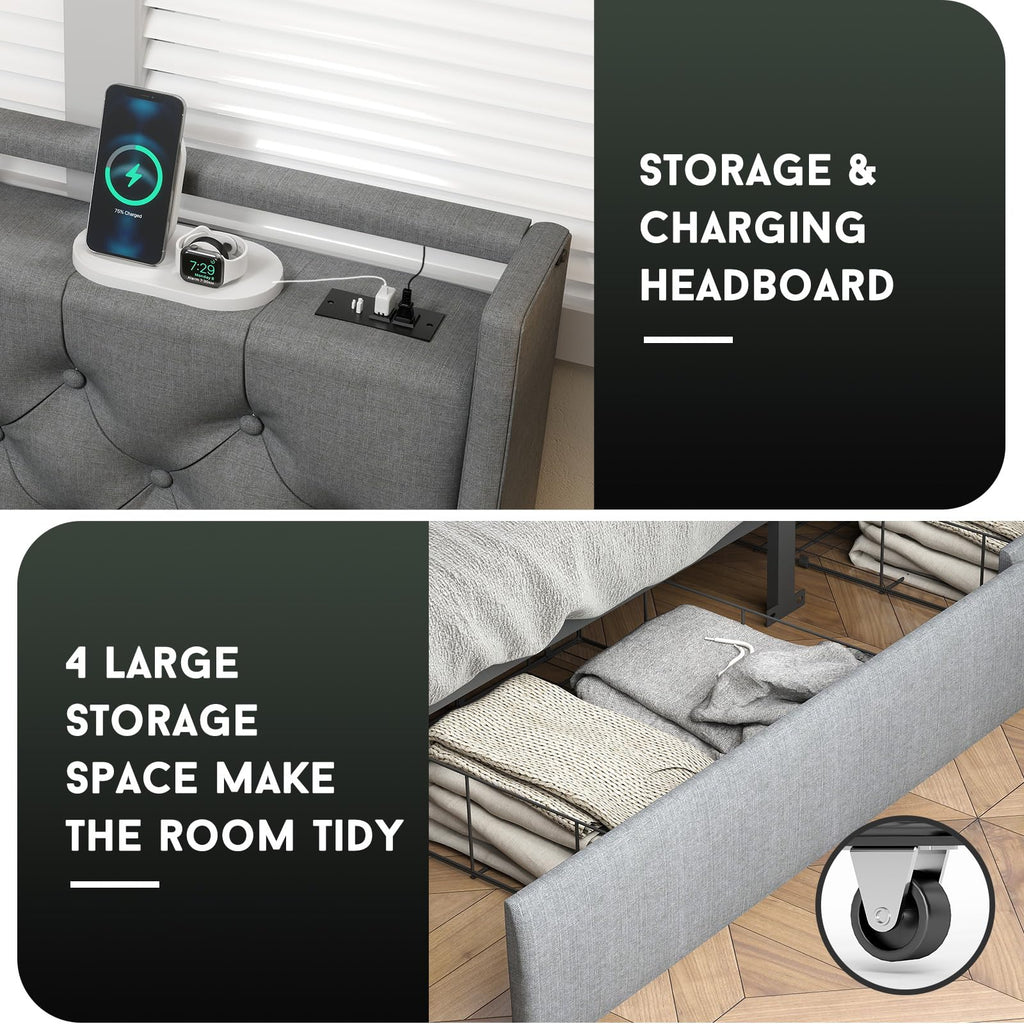 Queen Bed Frame with Headboard and 2 Storage Drawers