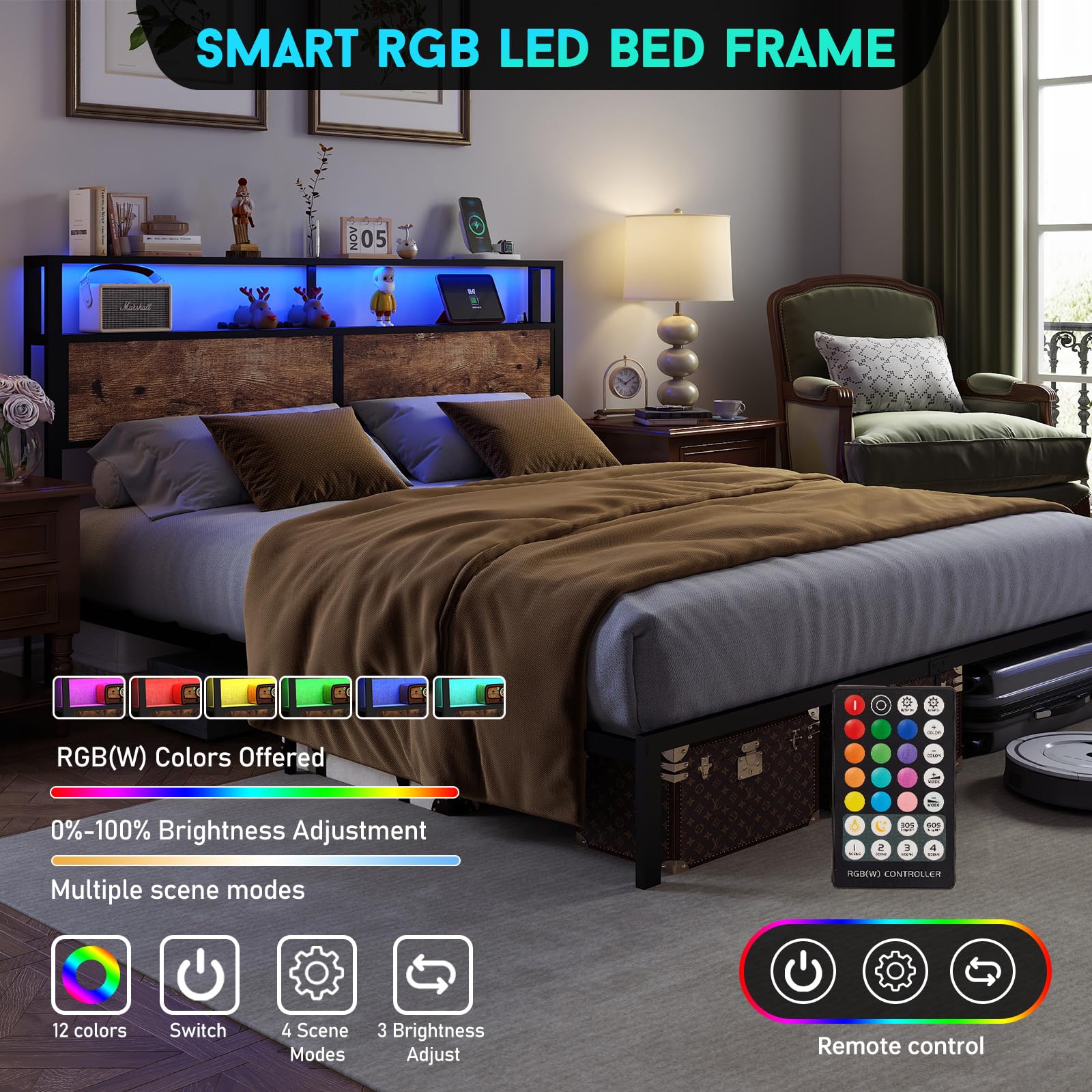 Metal Platform Bed Frame with LED Lights & Charging Station, Under Bed Storage, No Box Spring Needed, Noise Free, Dark Grey