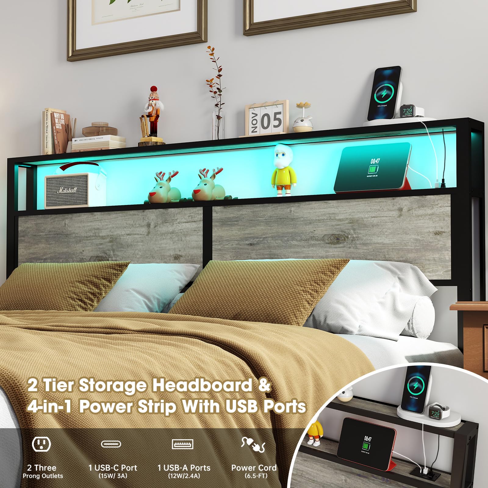 Metal Platform Bed Frame with LED Lights & Charging Station, Under Bed Storage, No Box Spring Needed, Noise Free, Dark Grey