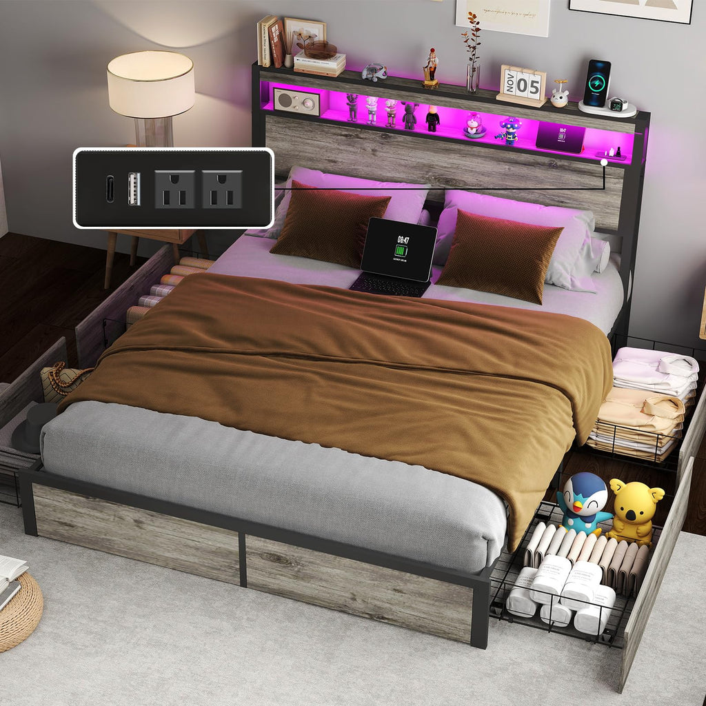 Full Size Lift Up Storage Bed Frame with Charging Station