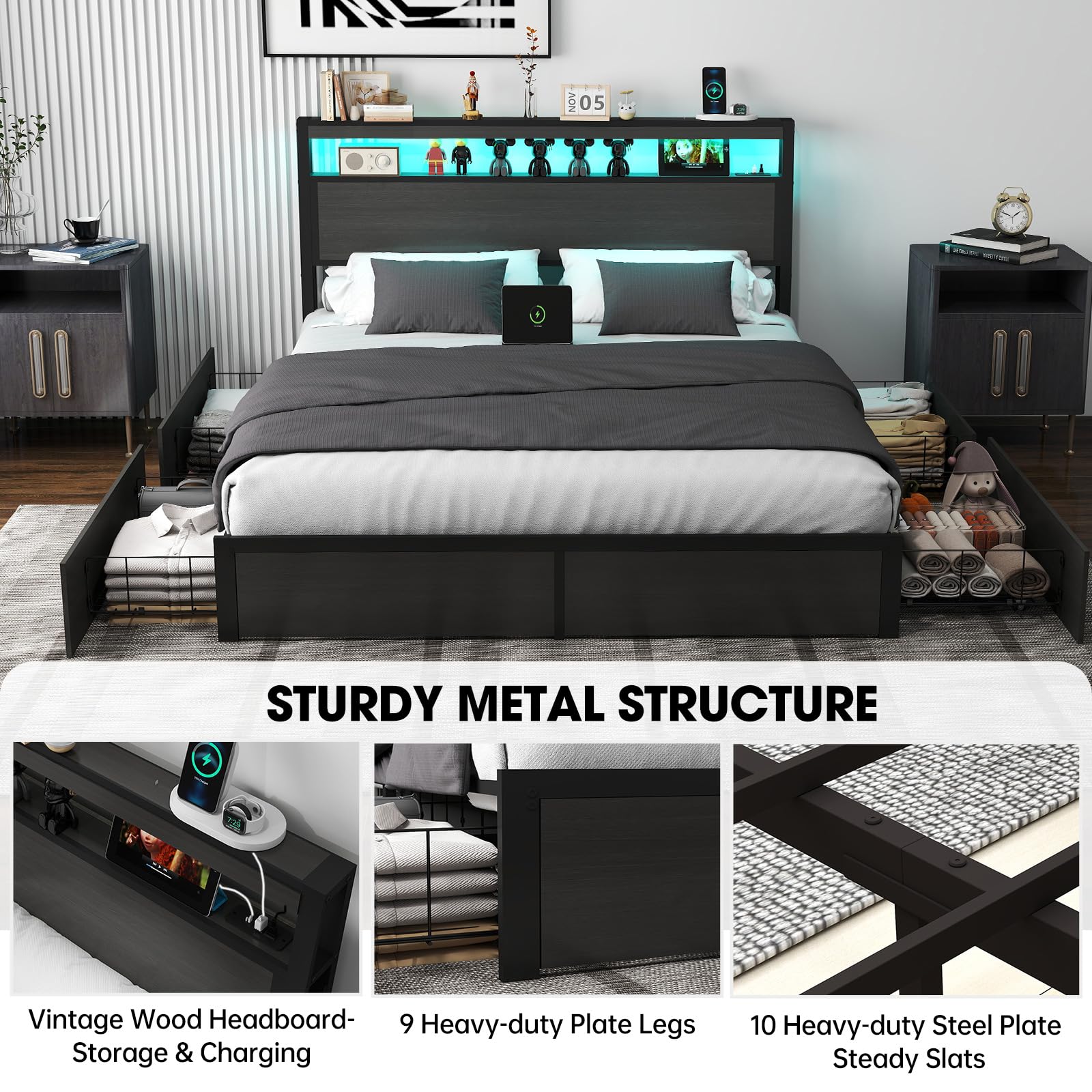 Full Size Lift Up Storage Bed Frame with Charging Station