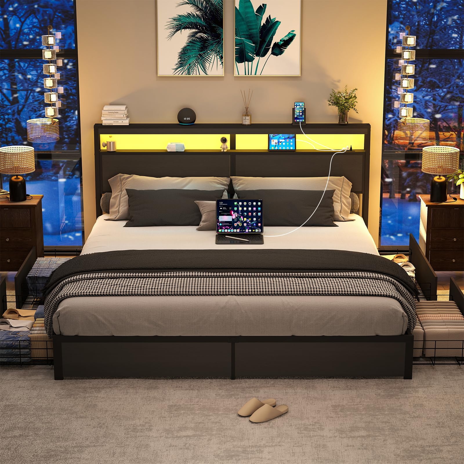 Metal Platform King Bed Frame Wood with 4 Drawers, LED Light, Charging Station, No Box Spring Needed, Noise Free, Easy Assembly, Grey