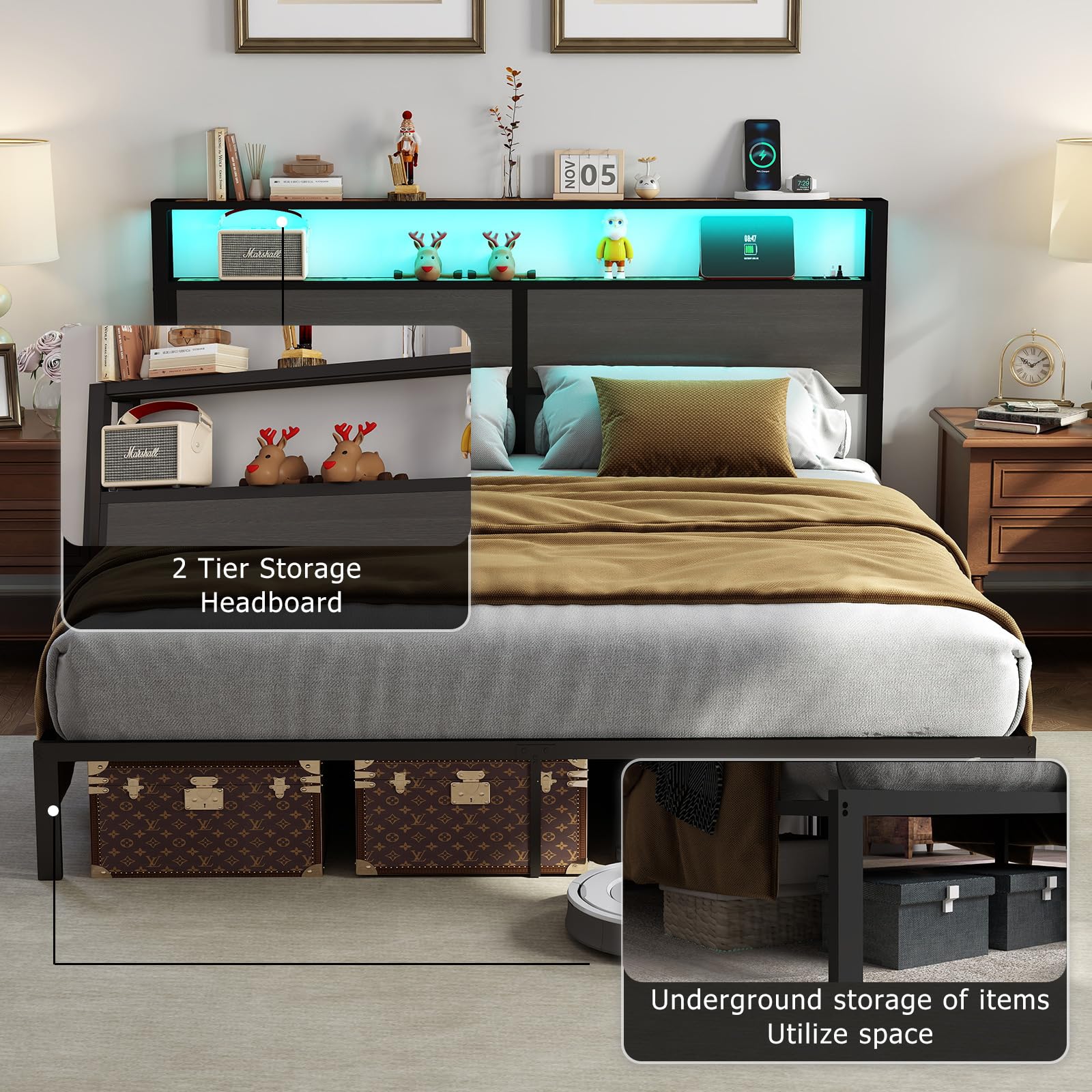 Metal Platform Bed Frame with LED Lights & Charging Station, Under Bed Storage, No Box Spring Needed, Noise Free, Dark Grey