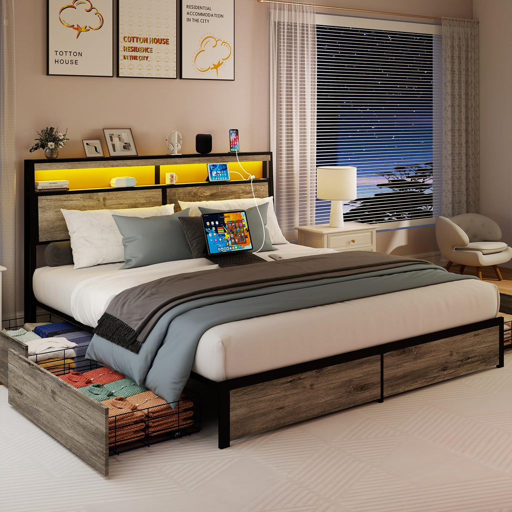 Metal Platform King Bed Frame Wood with 4 Drawers, LED Light, Charging Station, No Box Spring Needed, Noise Free, Easy Assembly, Grey