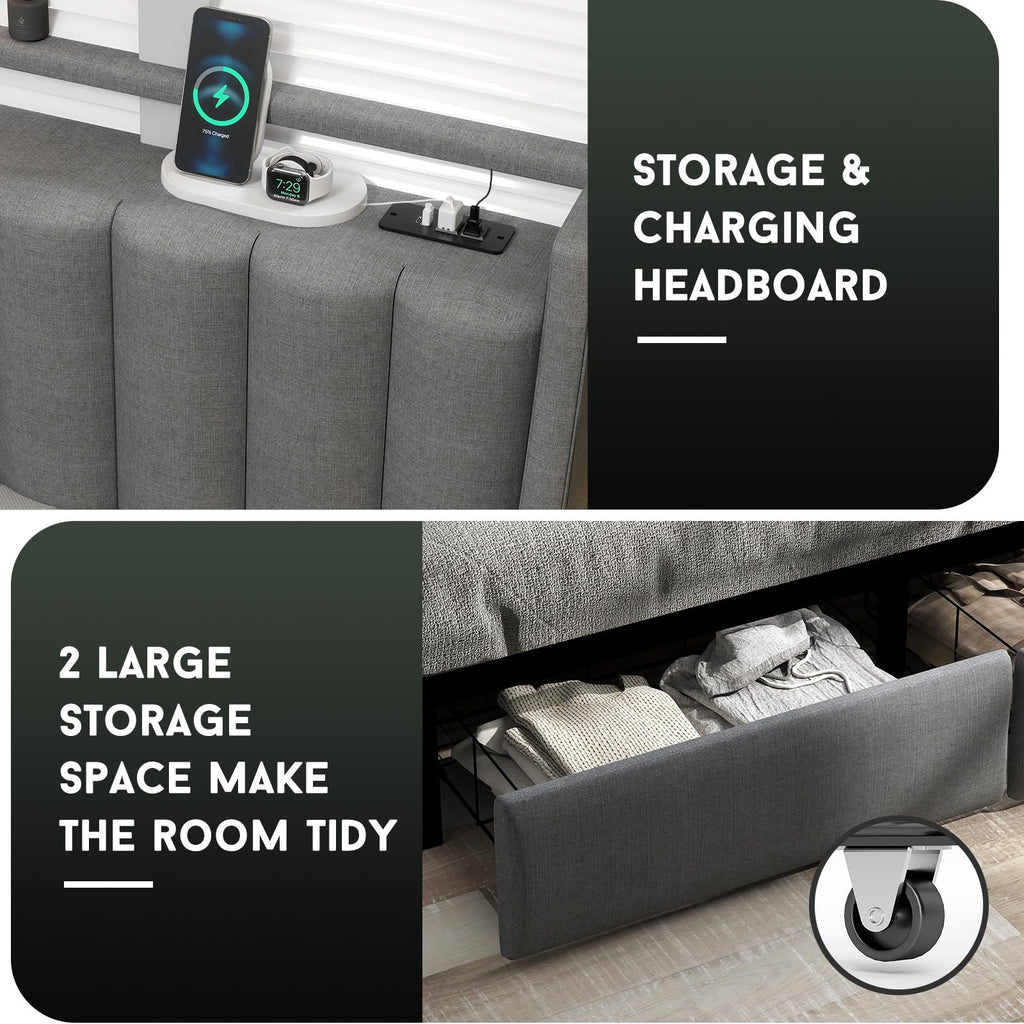 Queen Bed Frame with Headboard and 2 Storage Drawers