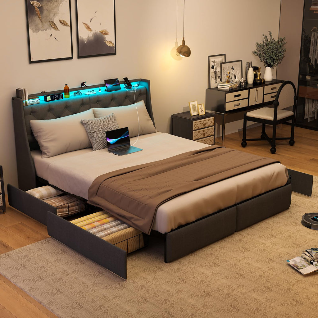 Queen Bed Frame with Storage Headboard and Drawers, Bed Frame Platform with LED Light, Charging Station, No Box Spring Needed, Noise Free, Easy Assembly, Grey