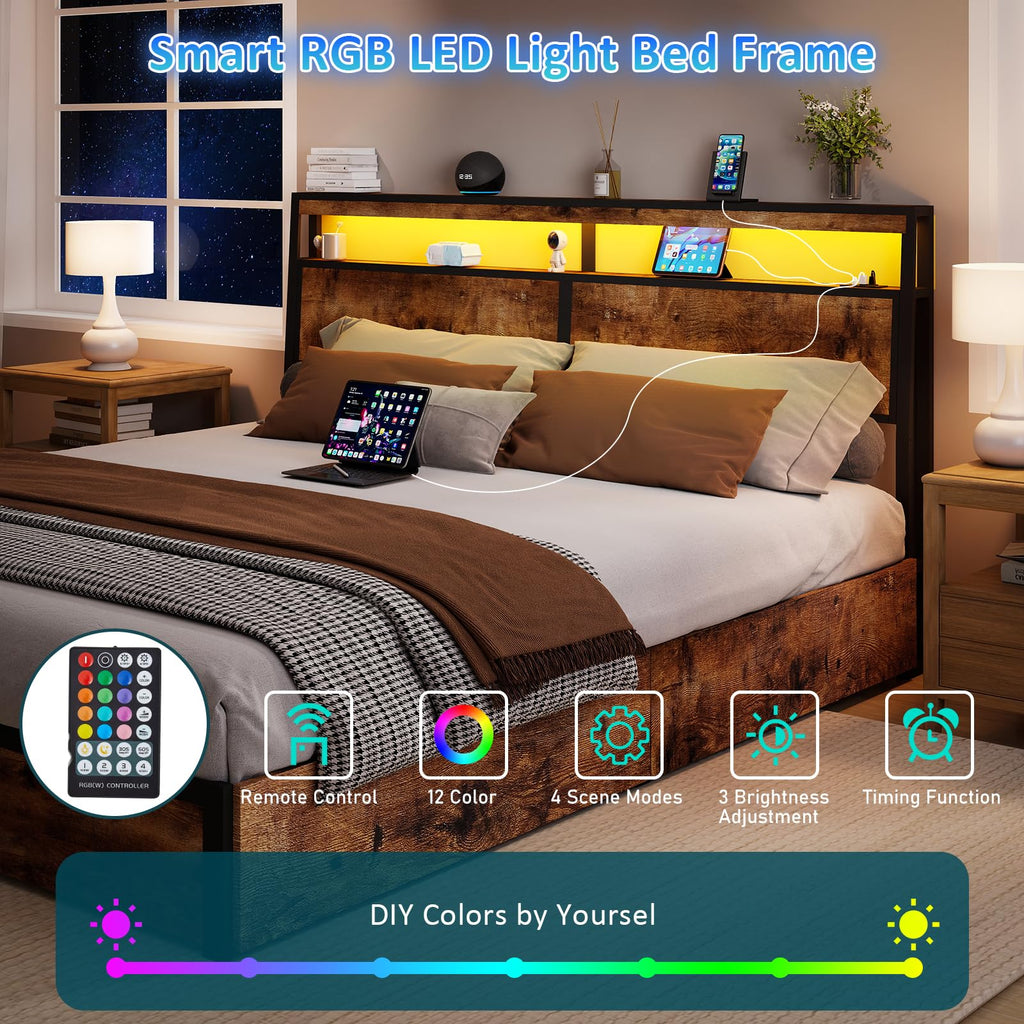 Metal Platform King Bed Frame Wood with 4 Drawers, LED Light, Charging Station, No Box Spring Needed, Noise Free, Easy Assembly, Grey