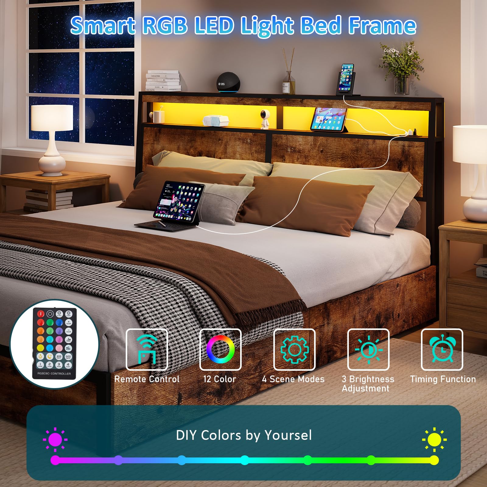 Metal Platform King Bed Frame Wood with 4 Drawers, LED Light, Charging Station, No Box Spring Needed, Noise Free, Easy Assembly, Grey