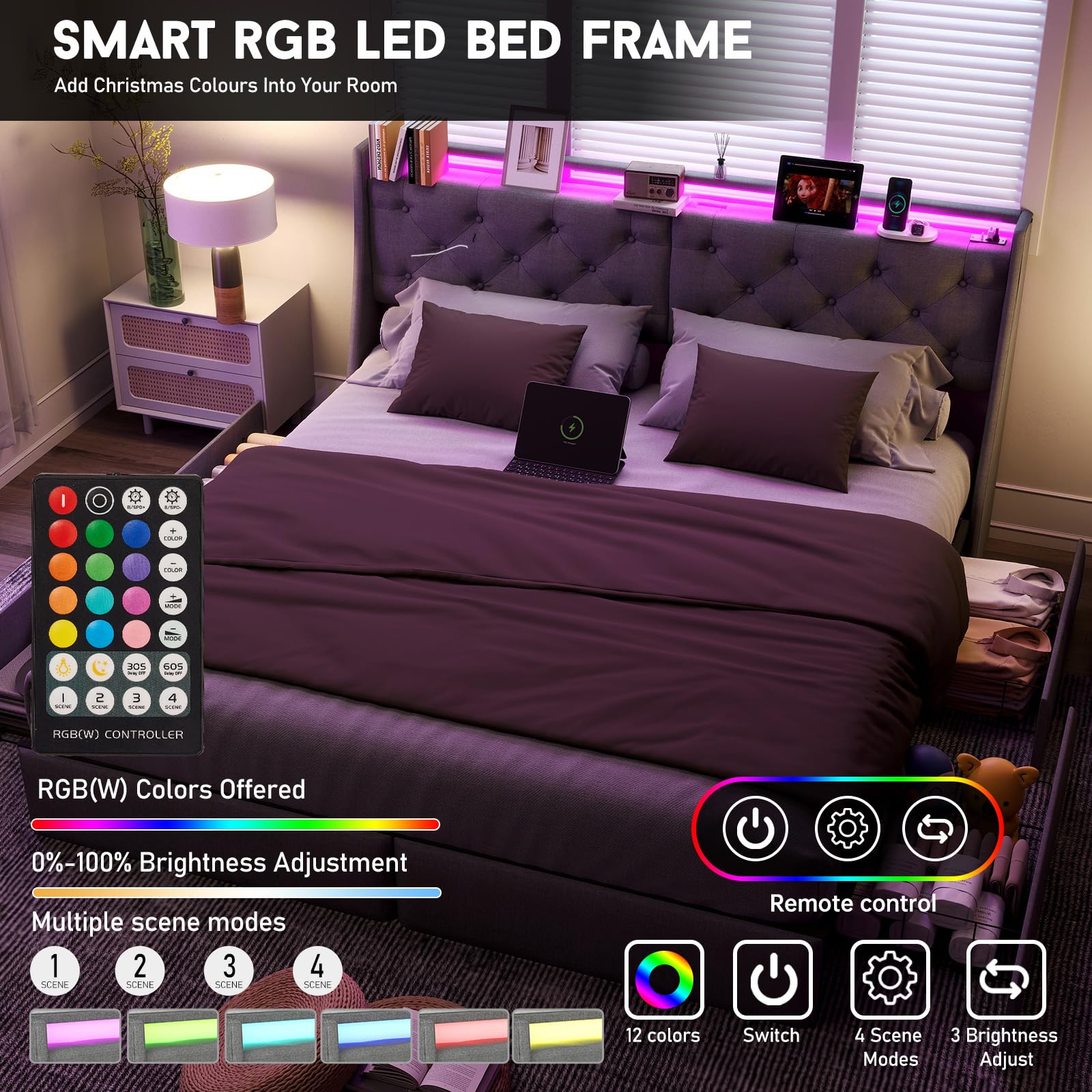 Queen Bed Frame with Headboard and 2 Storage Drawers