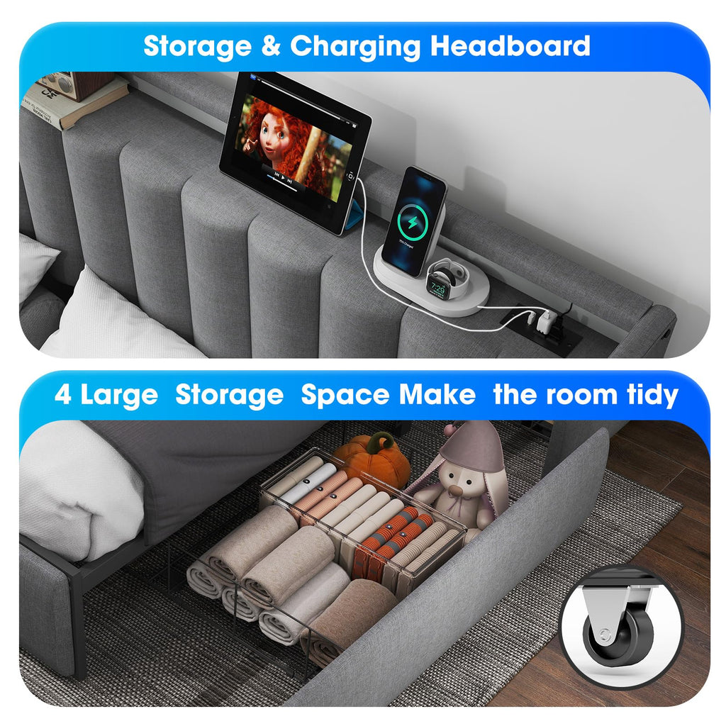 Queen Bed Frame with Headboard and 2 Storage Drawers