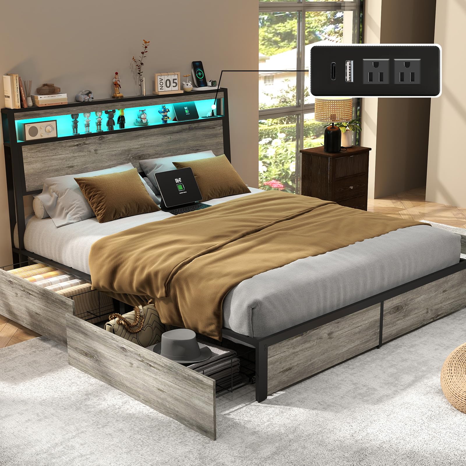 Full Size Lift Up Storage Bed Frame with Charging Station