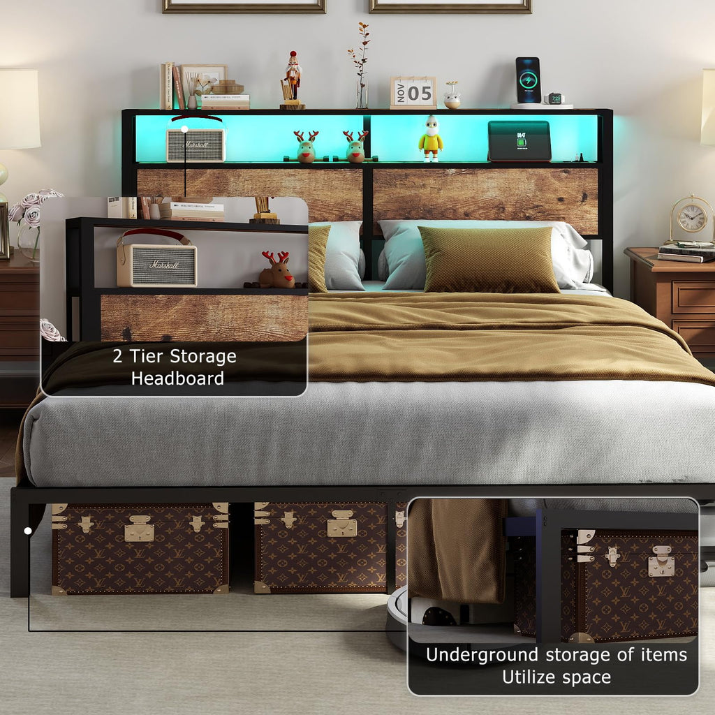 Metal Platform Bed Frame with LED Lights & Charging Station, Under Bed Storage, No Box Spring Needed, Noise Free, Dark Grey