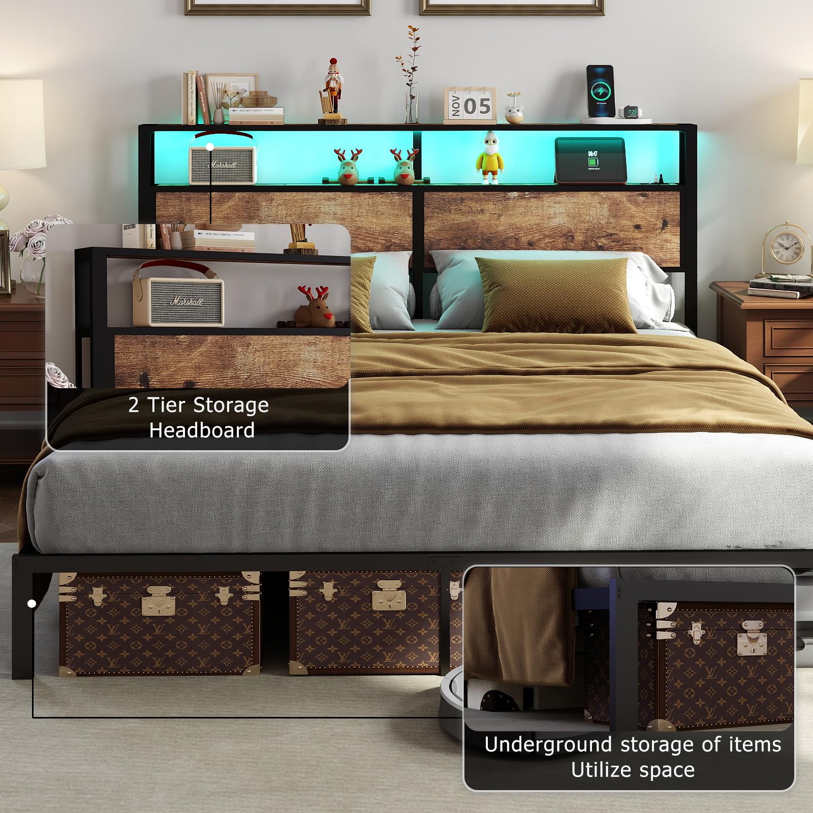 Metal Platform Bed Frame with LED Lights & Charging Station, Under Bed Storage, No Box Spring Needed, Noise Free, Dark Grey