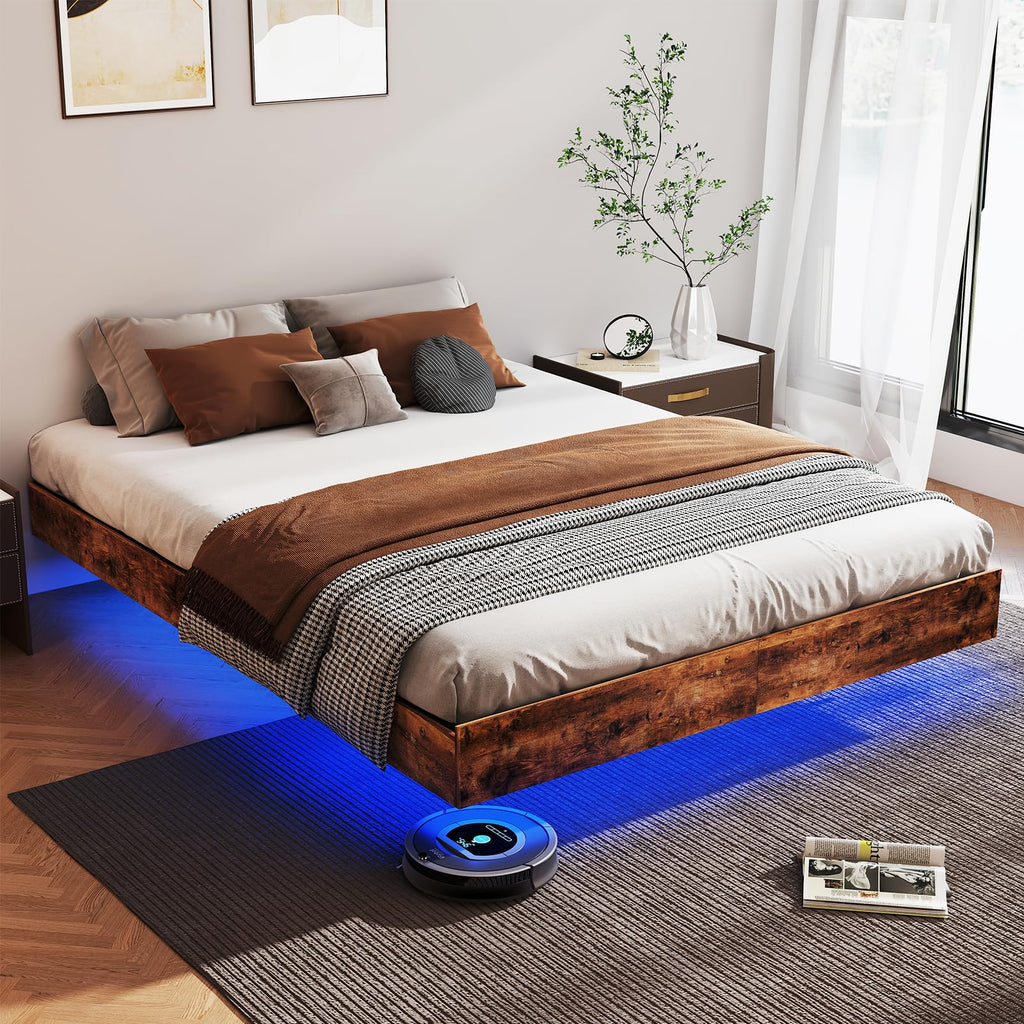 Floating Bed Frame Queen with LED Lights,No Box Spring Needed, Noise Free