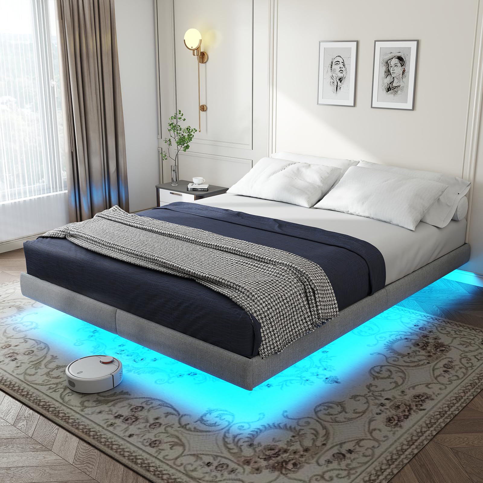 Floating Bed Frame Queen with LED Lights,No Box Spring Needed, Noise Free