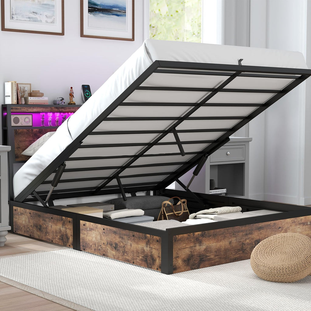 Hydraulic Lift Up Storage Bed Frame with LED Lights & Charging Station | Full & Queen