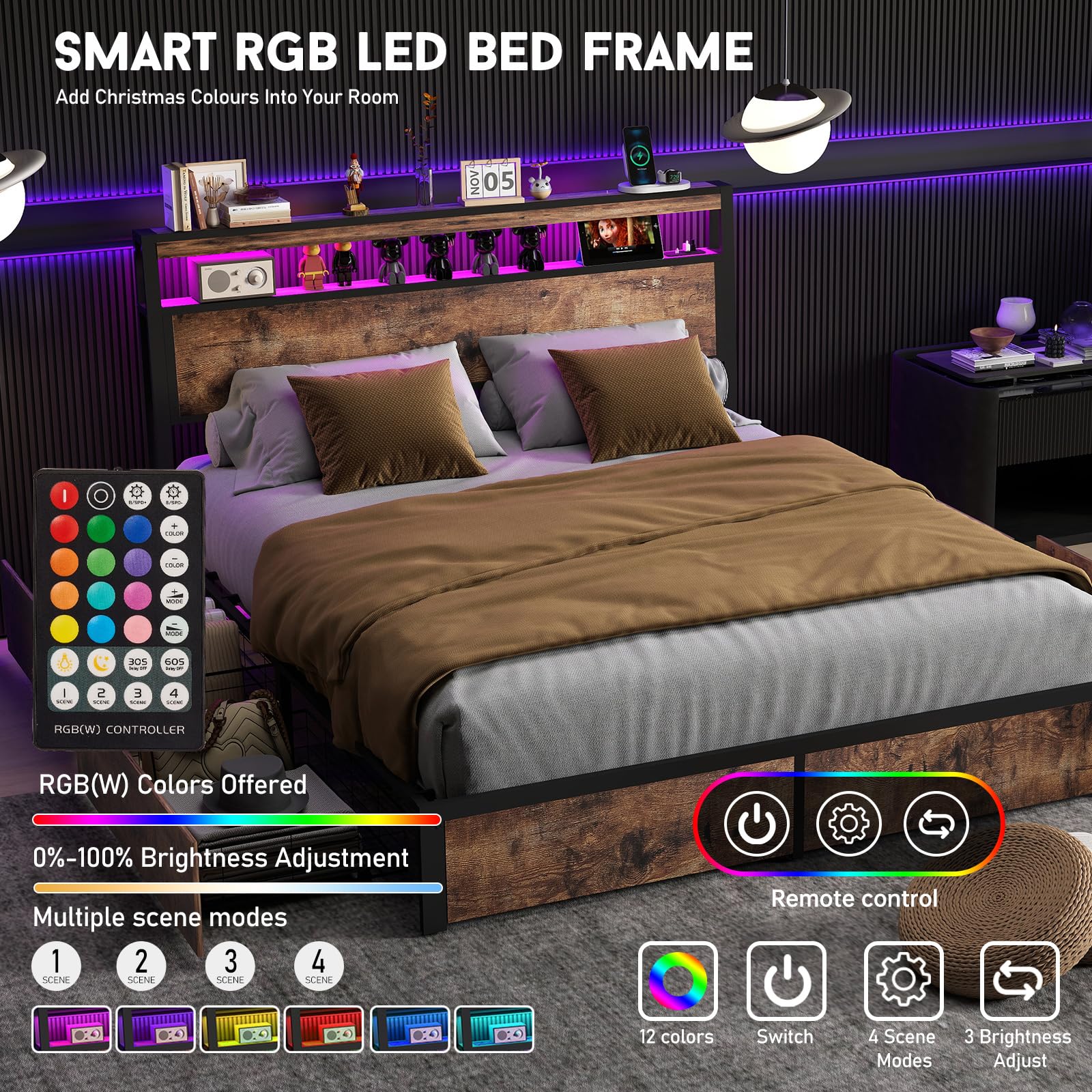 Full Size Lift Up Storage Bed Frame with Charging Station