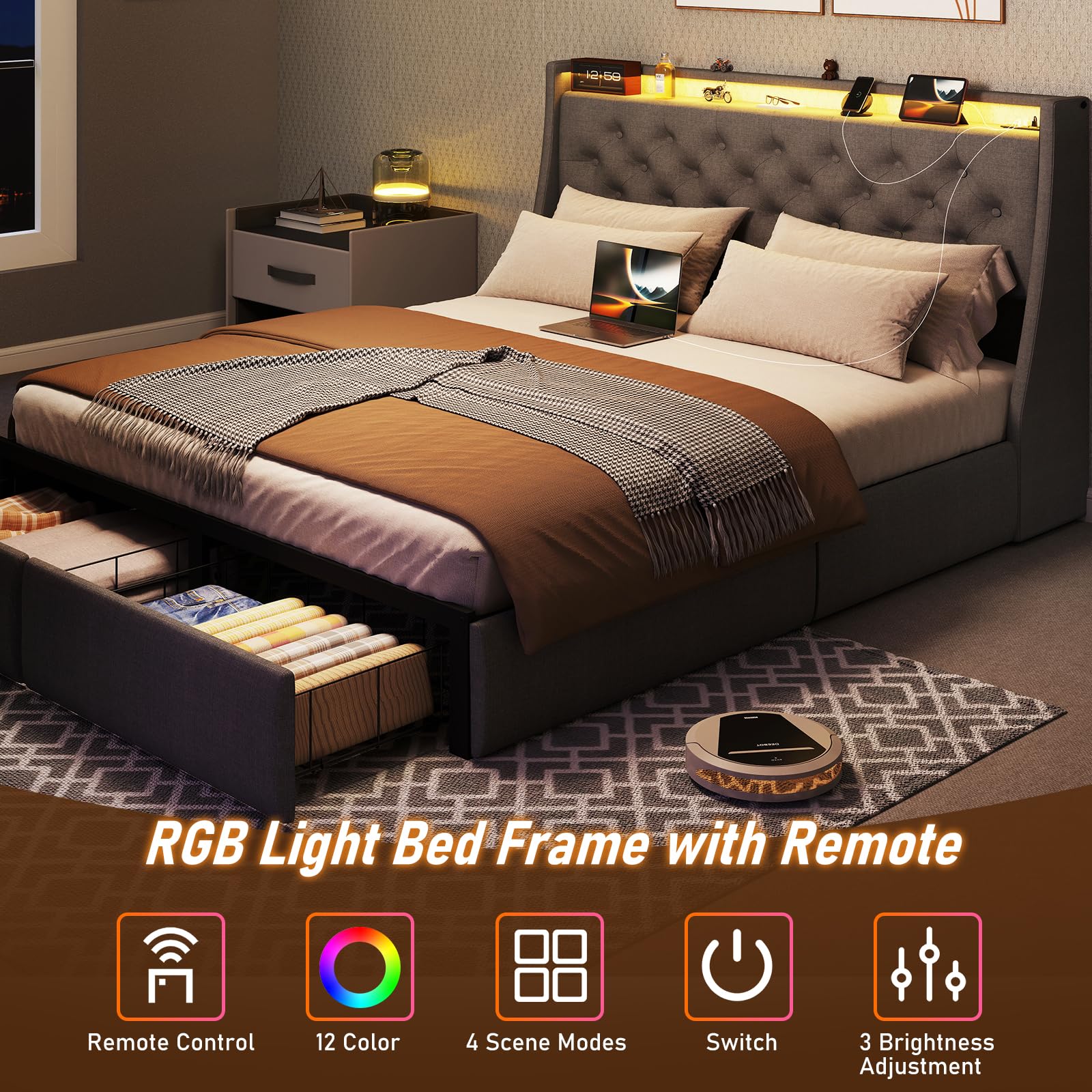 Queen Bed Frame with Storage Headboard and Drawers, Bed Frame Platform with LED Light, Charging Station, No Box Spring Needed, Noise Free, Easy Assembly, Grey