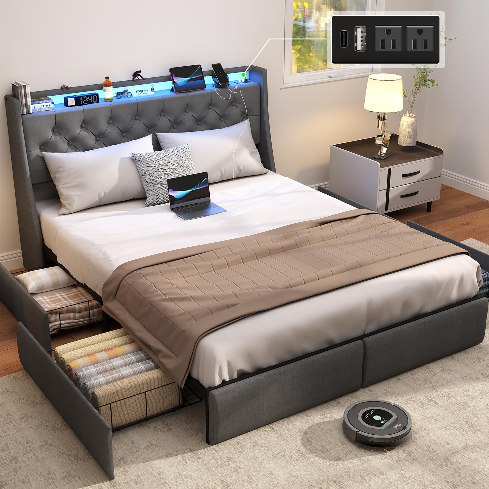 Queen Bed Frame with Storage Headboard and Drawers, Bed Frame Platform with LED Light, Charging Station, No Box Spring Needed, Noise Free, Easy Assembly, Grey