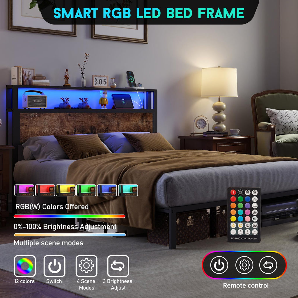 Metal Platform Bed Frame with LED Lights & Charging Station, Under Bed Storage, No Box Spring Needed, Noise Free, Dark Grey