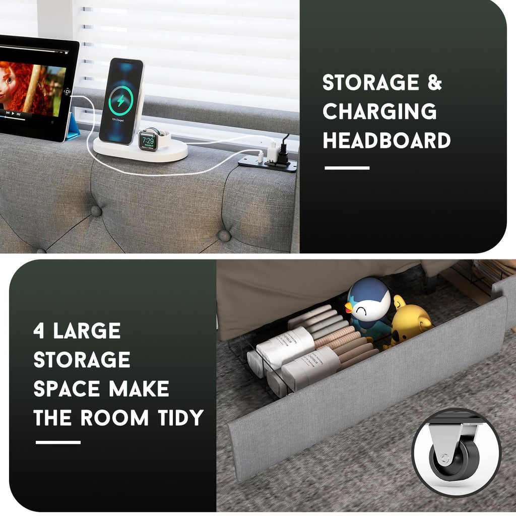 Queen Bed Frame with Headboard and 2 Storage Drawers