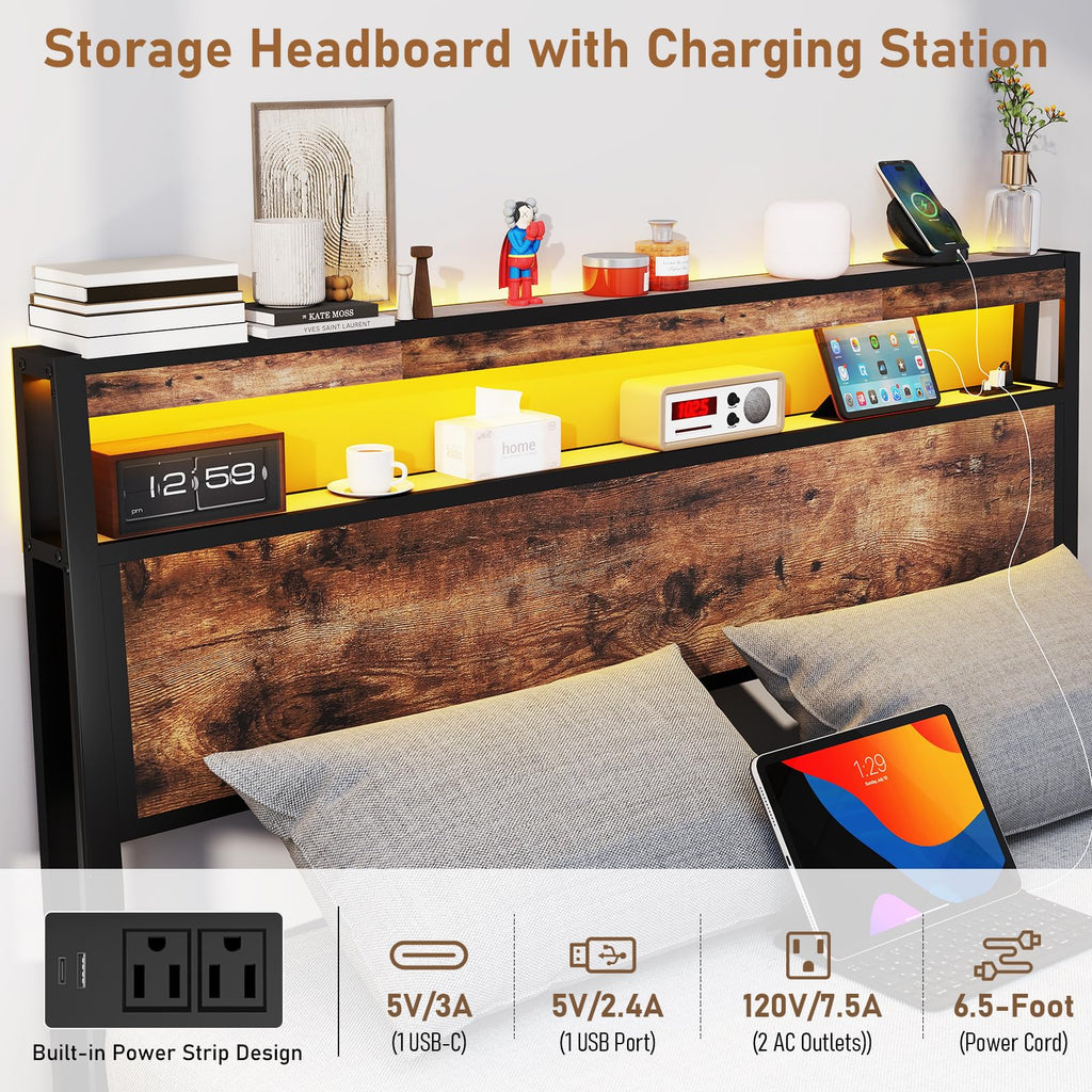 Metal Platform King Bed Frame Wood with 4 Drawers, LED Light, Charging Station, No Box Spring Needed, Noise Free, Easy Assembly, Grey