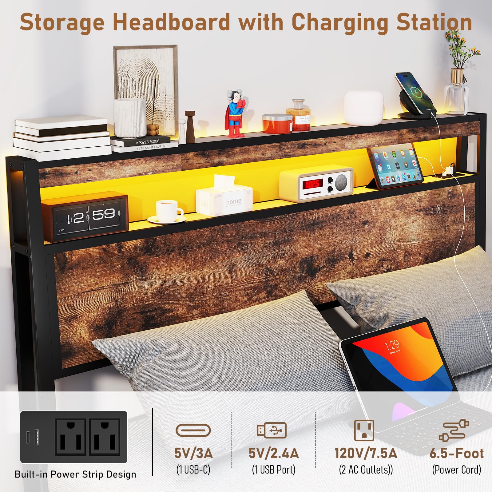 Metal Platform King Bed Frame Wood with 4 Drawers, LED Light, Charging Station, No Box Spring Needed, Noise Free, Easy Assembly, Grey