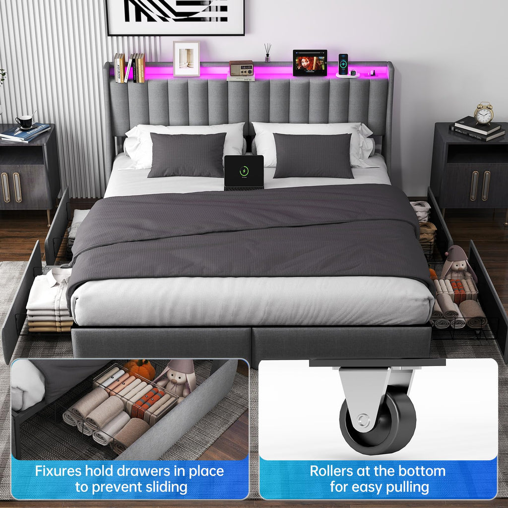 Queen Bed Frame with Headboard and 2 Storage Drawers