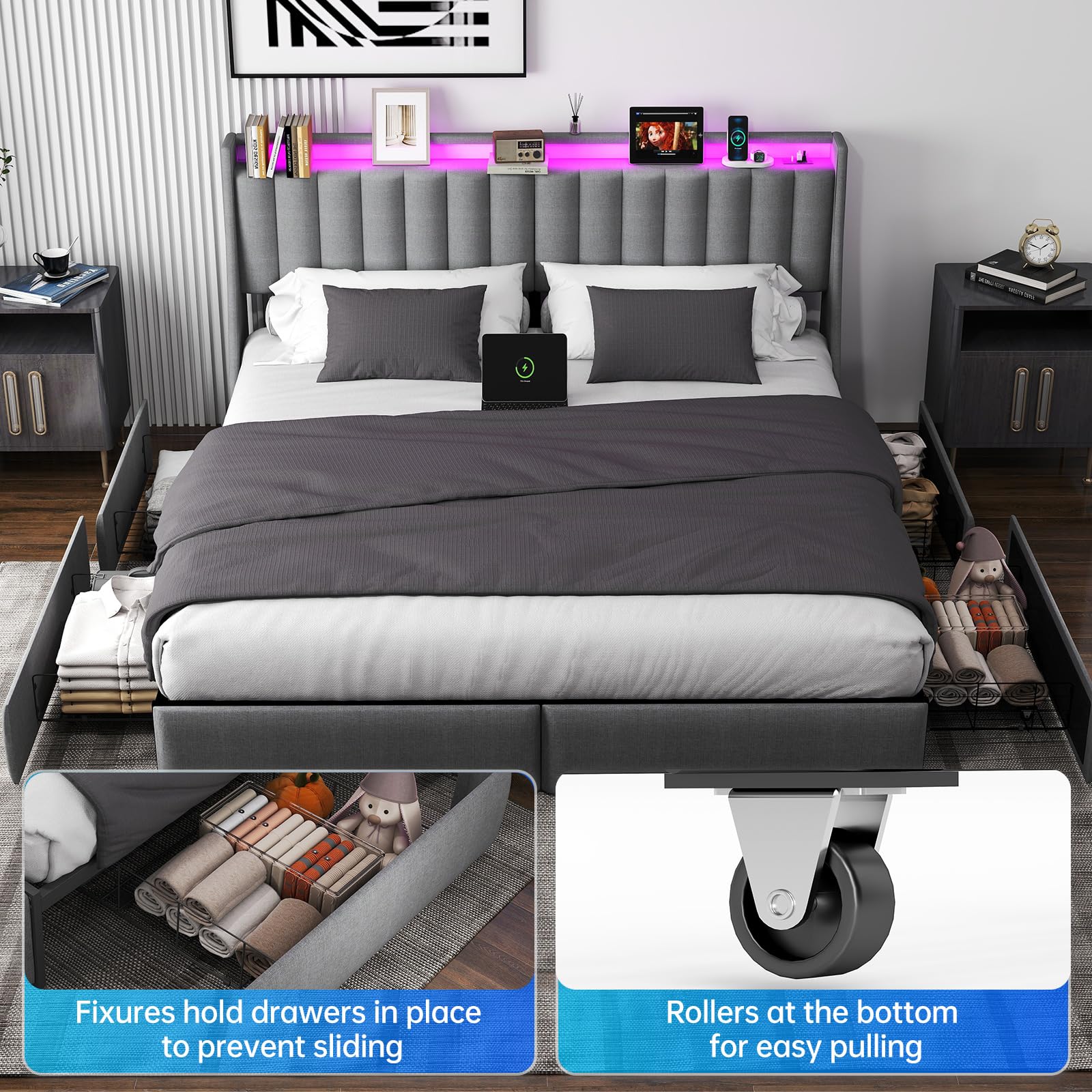 Queen Bed Frame with Headboard and 2 Storage Drawers