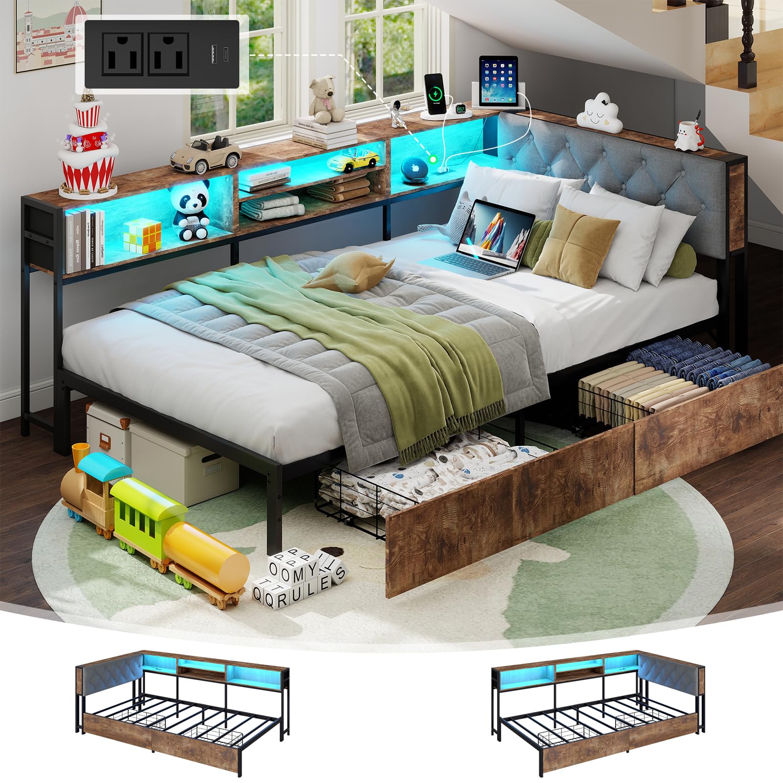 Corner Bed Frame with Storage Bookcase and LED Lights