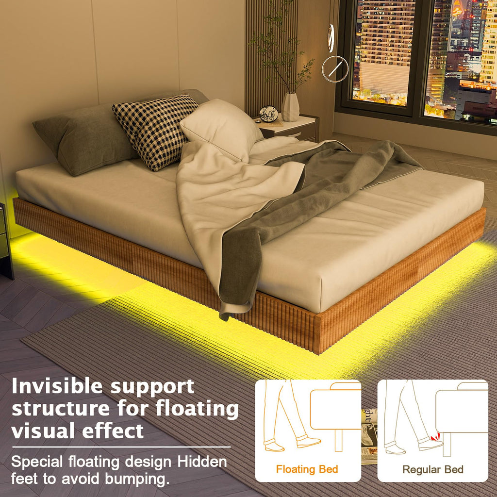 Floating Bed Frame Queen with LED Lights,No Box Spring Needed, Noise Free