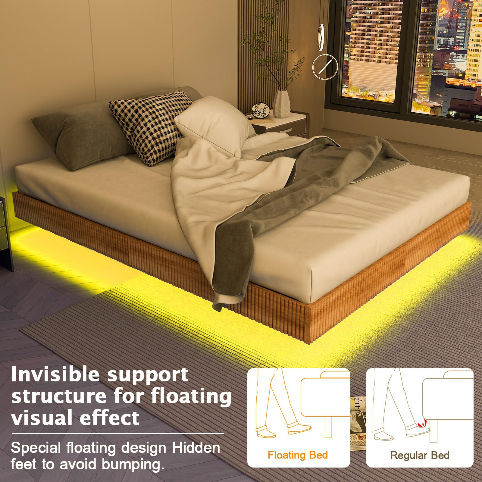 Floating Bed Frame Queen with LED Lights,No Box Spring Needed, Noise Free