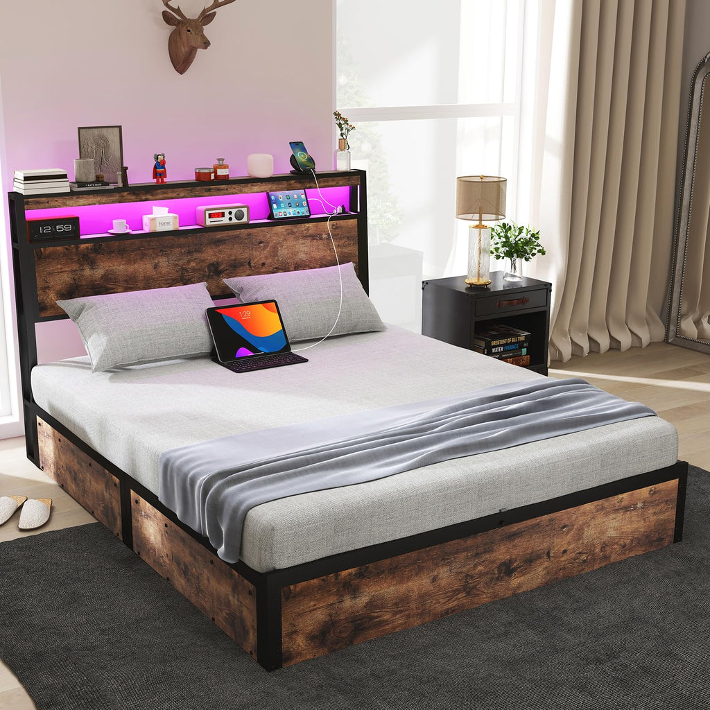 Metal Platform King Bed Frame Wood with 4 Drawers, LED Light, Charging Station, No Box Spring Needed, Noise Free, Easy Assembly, Grey