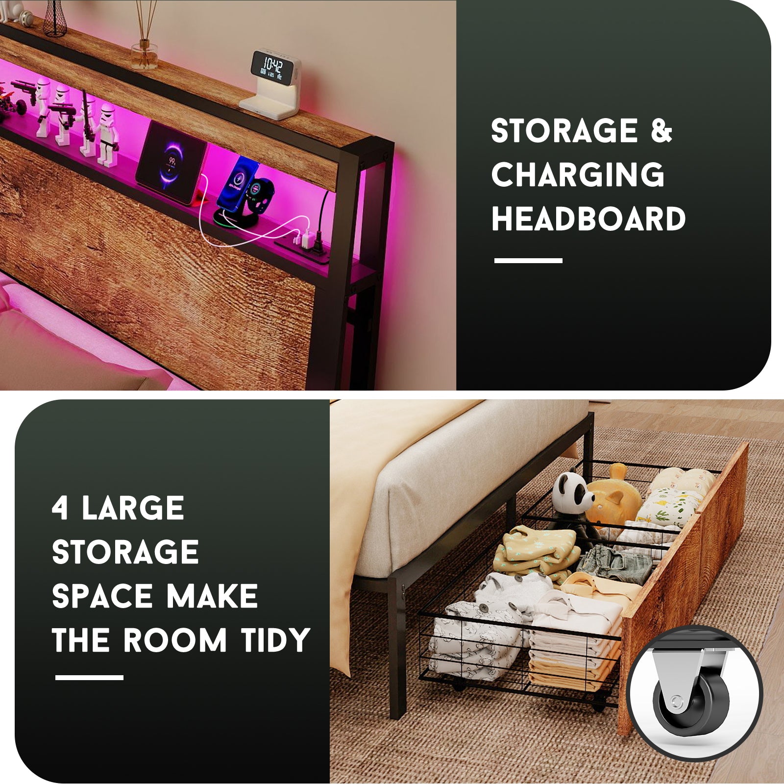 Retro Brown Storage Bed Frame with RGB LED & USB Charging – Full / Queen
