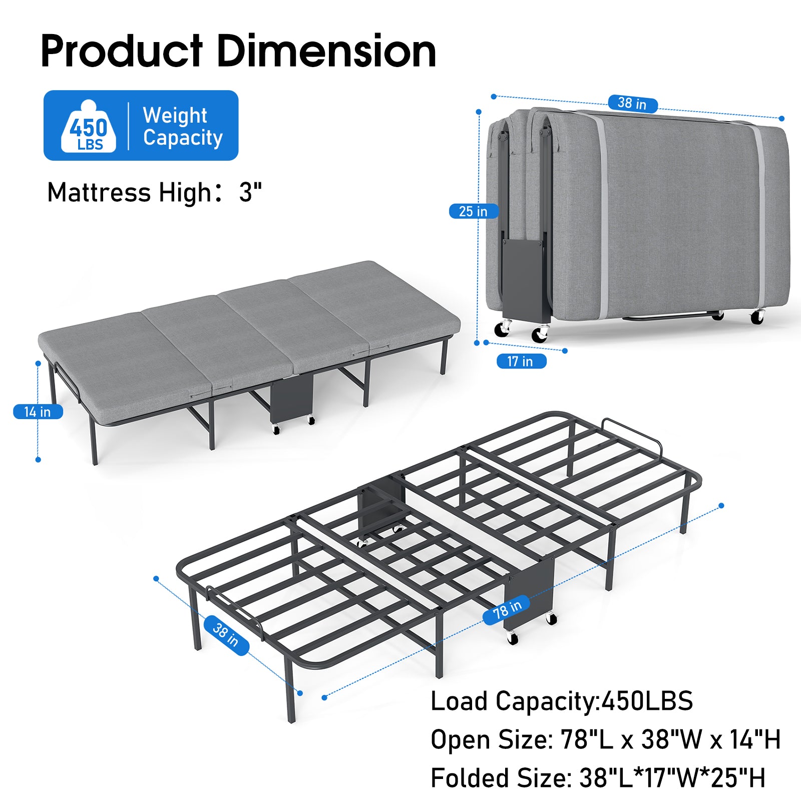Folding Bed with Mattress, 4-Fold Metal Frame with Locking Wheels – Space Saving for Adults & College Students