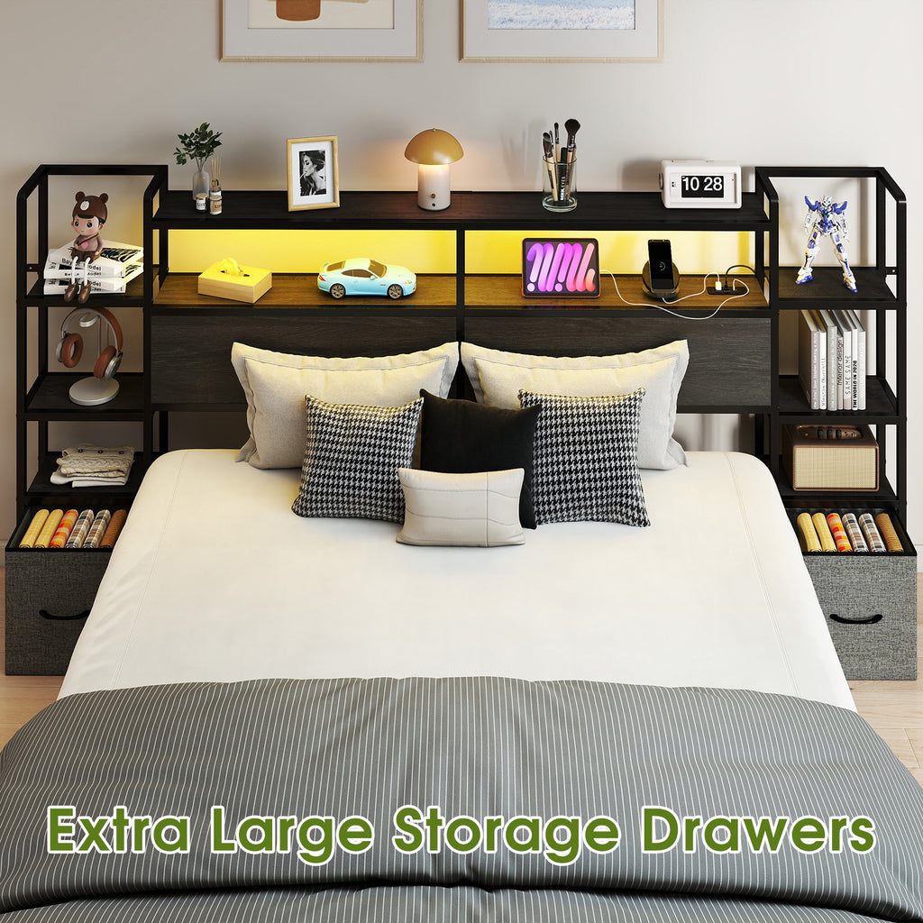 Rustic Grey Headboard with RGB LED, Charging Station,3 Tier Storage Shelves  & 2 Drawers – Fits Full/Queen/King